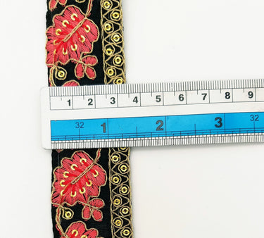 Black Trim with Floral Embroidery Salmon Pink Embroidered Leaves Trim, Decorative Trim, Indian Border
